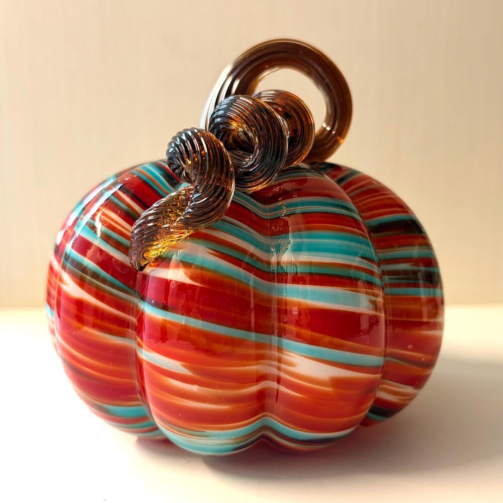 Vintage Hand Blown Art Glass Pumpkin Hues of Red Teal White
